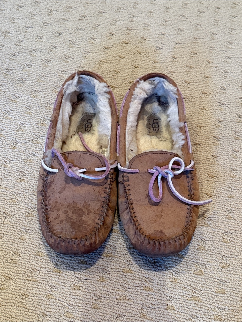 UGG Pink Suede Moccasin Slippers with Shearling Lining